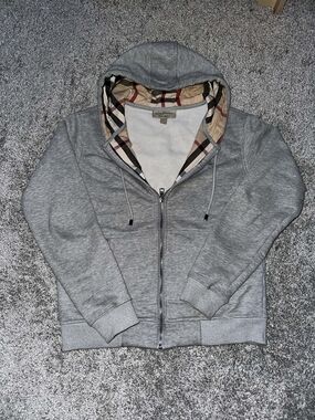 Burberry Gray Zip-Up Hoodie with Signature Check Lining